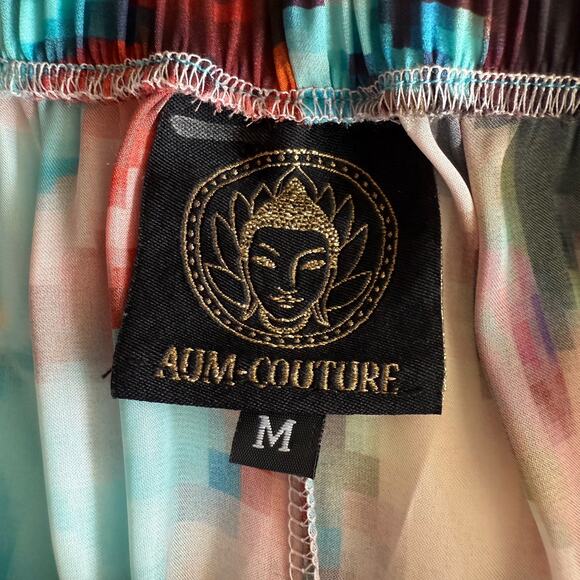 Aum Couture Bold Colorful Resort Pixel Floral Pull On Silky Wide Leg Pants M - Picture 4 of 7